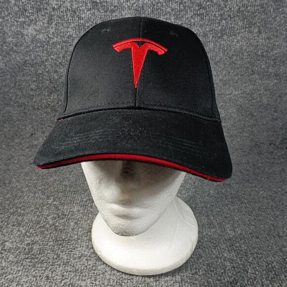 Tesla Hat Cap Logo One Size Black Red Piping Strapback Spellout - Picture 1 of 8